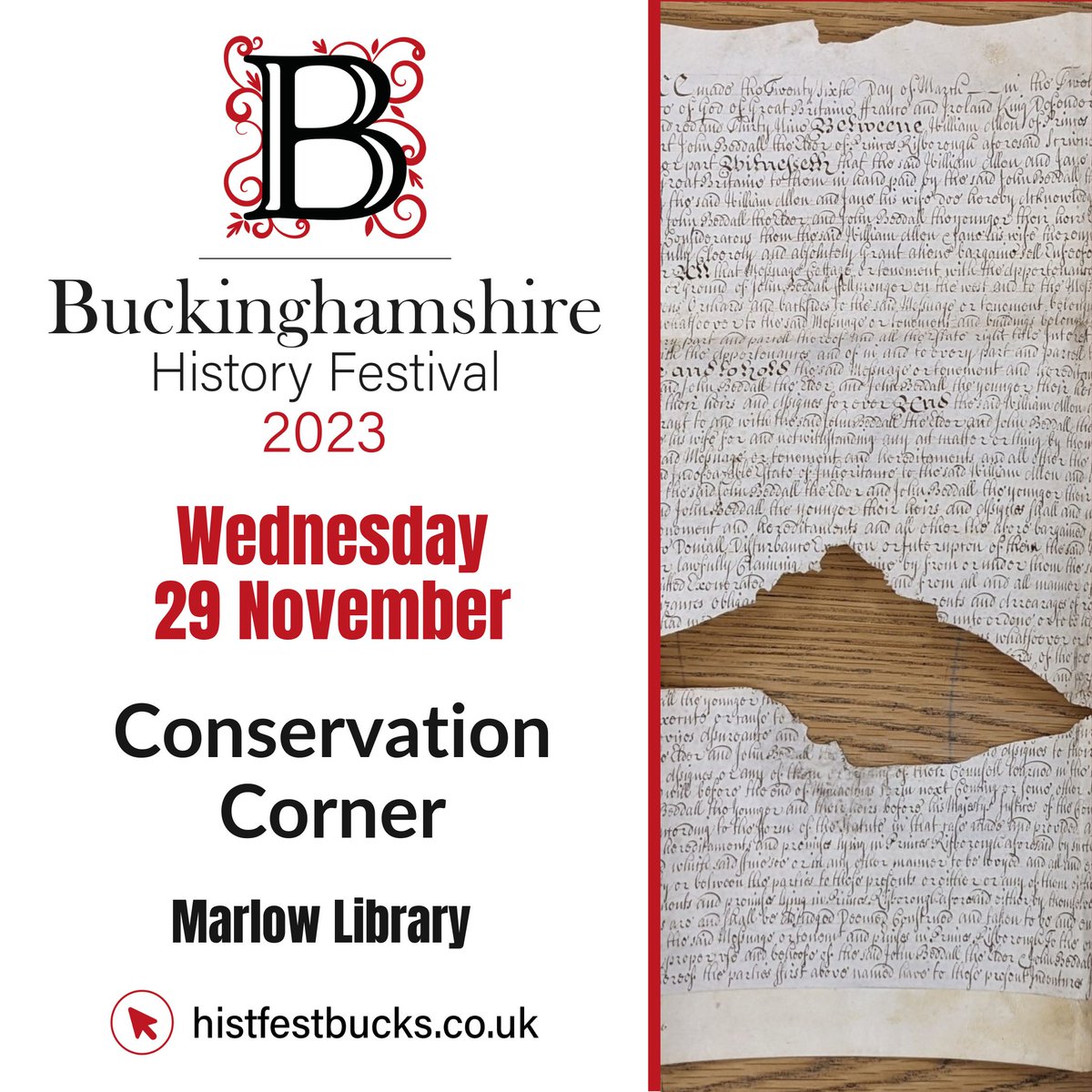 Do you have some old documents or photos that you'd like a professional look over? Our conservator will be at Marlow Library on Wednesday the 29th to give out advice on how to look after them! Head to histfestbucks.co.uk for more information.