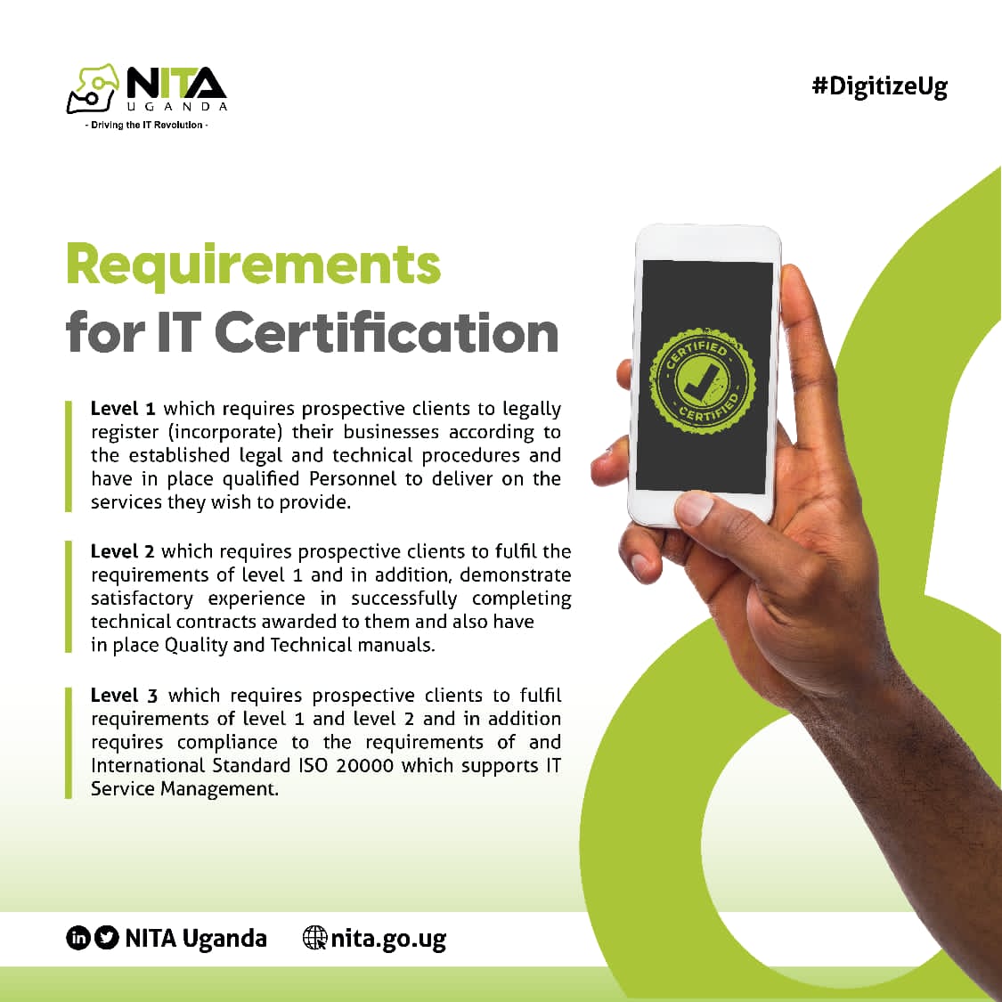 For all IT service providers please find below the requirements for IT Certification. For more information about IT certification visit: itco.nita.go.ug/certification_… #DigitizeUG