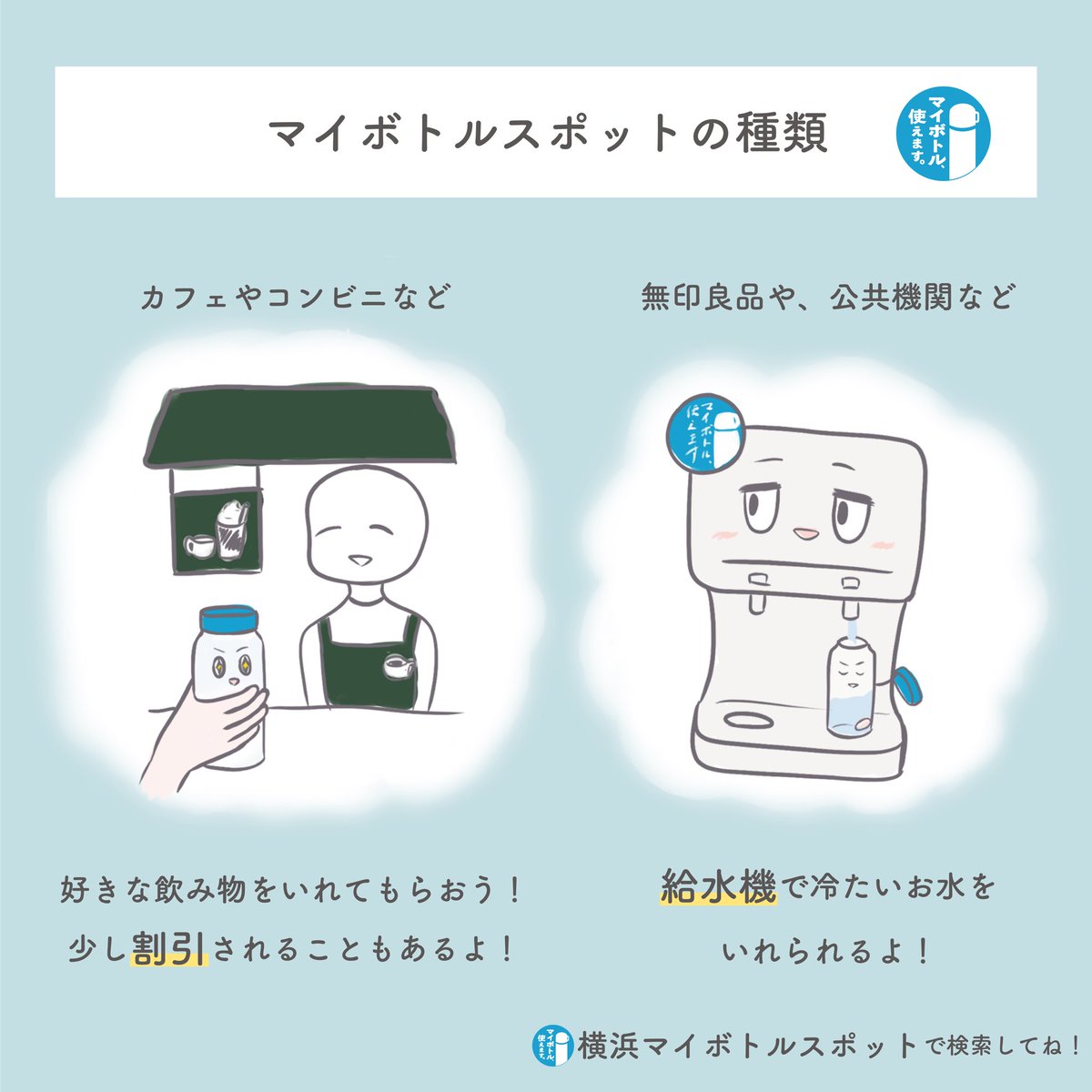 mybottle_yda's tweet photo. こんばんは！横浜マイボトルプロジェクトです！
今日はマイボトルスポットの種類についての投稿です！
カフェやコンビニ、無印良品や公共機関などでマイボトルに飲み物をいれられます✨

是非探してみてね！
https://t.co/0exAVPok1I

#横浜マイボトルプロジェクト
#マイボトル #マイボトルスポット https://t.co/hSpiT7DrsD