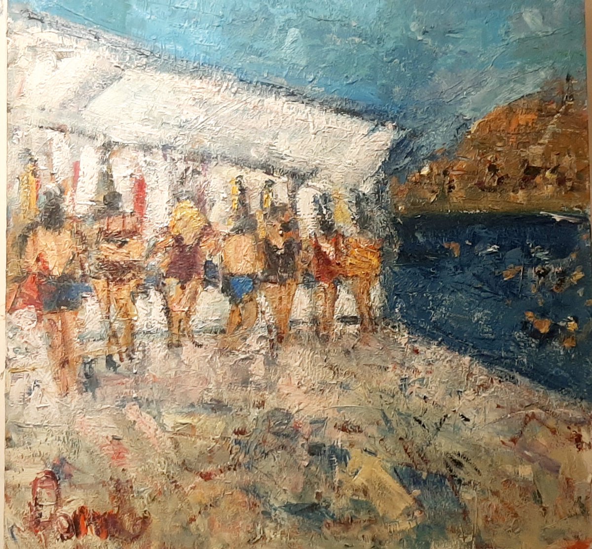 The winter swimmers at the #40ft Best time of the year to swim 3ft x 3ft Heavenly textured piece ❤ DeborahDonnelly.com #texturedpainting, #oilsoncanvas, #irishartstudio,#fineart, #Irishart, #collectart, #affordable, #marlaypark, #femaleartist, #singleparent