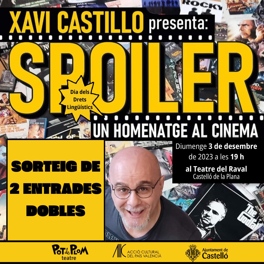 SORTEIG!
Per la commemoració del Dia dels Drets Lingüístics sortegem 2 entrades dobles per a l'espectacle de Xavi Castilló que tindrà lloc el 3 de desembre al teatre del Raval de Castelló de la Plana. 

Fes RT i comença a seguir el perfil d'ACPV Comarques del Nord.
