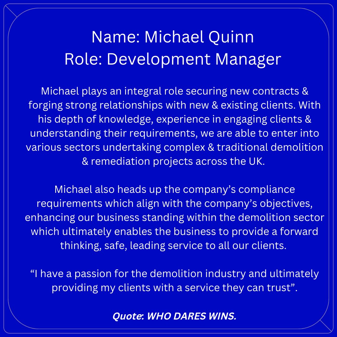 🌟 Our 'Meet the Team' continues! 🌟

This week we would like to introduce you to Michael Quinn, our Development Manager.

#TeamTuesdays #MeetTheTeam #TeamSpotlight #demolitioncomapny #developmentmanager #manchester #liverpool