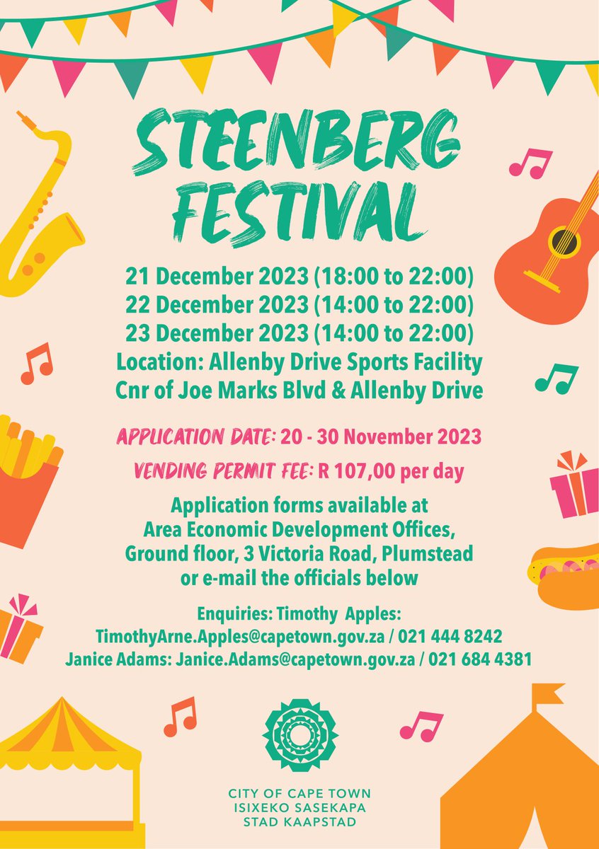 Applications are now open for vendors to be part of the Steenberg Festival. For more information, see below. Applications close on 30 November 2023. Download the application form here: bit.ly/40R14dP #SteenbergFest #CTEvent