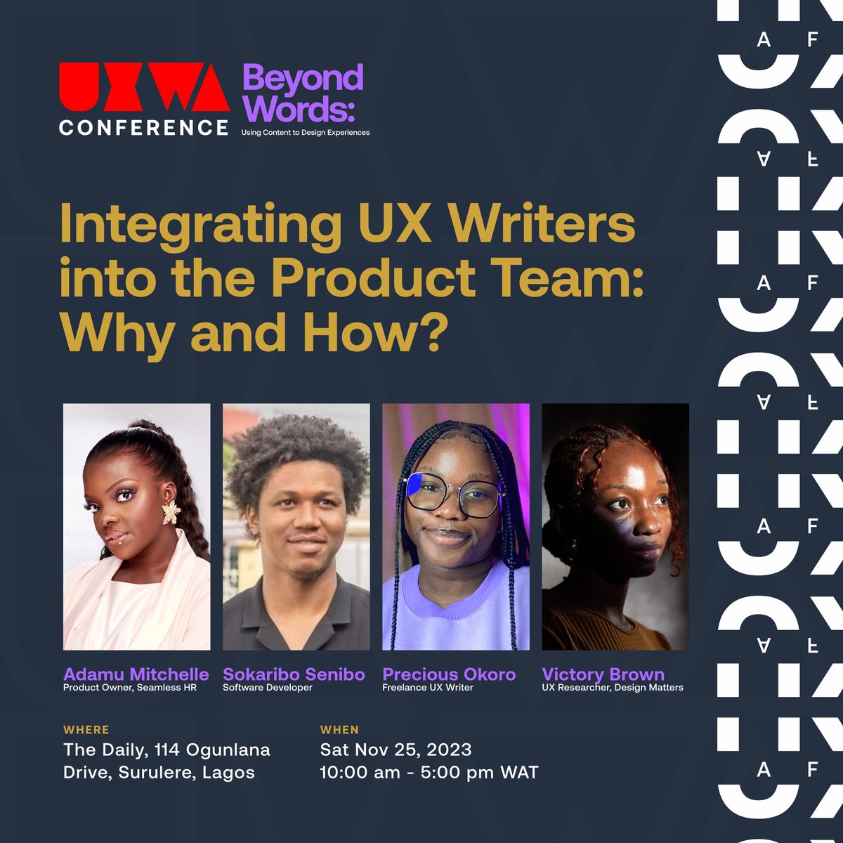 UXWritersAfrica's tweet photo. Meet our Panelistsl🔥🔥🔥🔥.
We will be having @mitchelledorcas, @SokariboSenibo, @ChokolateGravy and @VictoryBrown_ talk about experiences they've had working with UX Writers and its necessity in the building of a product.
🧵 https://t.co/uesquoFJbU