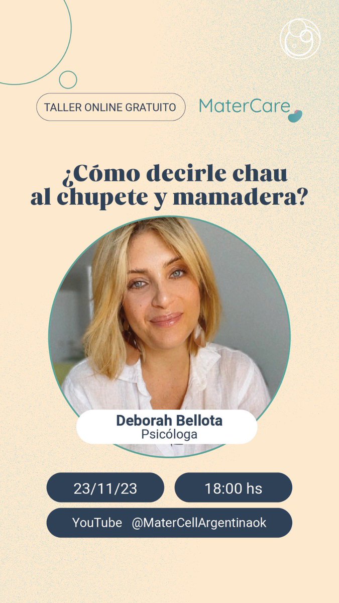 MatercellAR's tweet photo. 👉 Te invitamos a sumarte a nuestro próximo taller MaterCare! 
el jueves 23/11 a las 18 hs, Deborah Bellota, psicóloga, dará un taller especial para vos y tu familia para acompañarlos en este proceso de dejar el chupete, la mamadera

🥰 inscribite: https://t.co/yvCmXqJLV8 https://t.co/8gFnyEuXge
