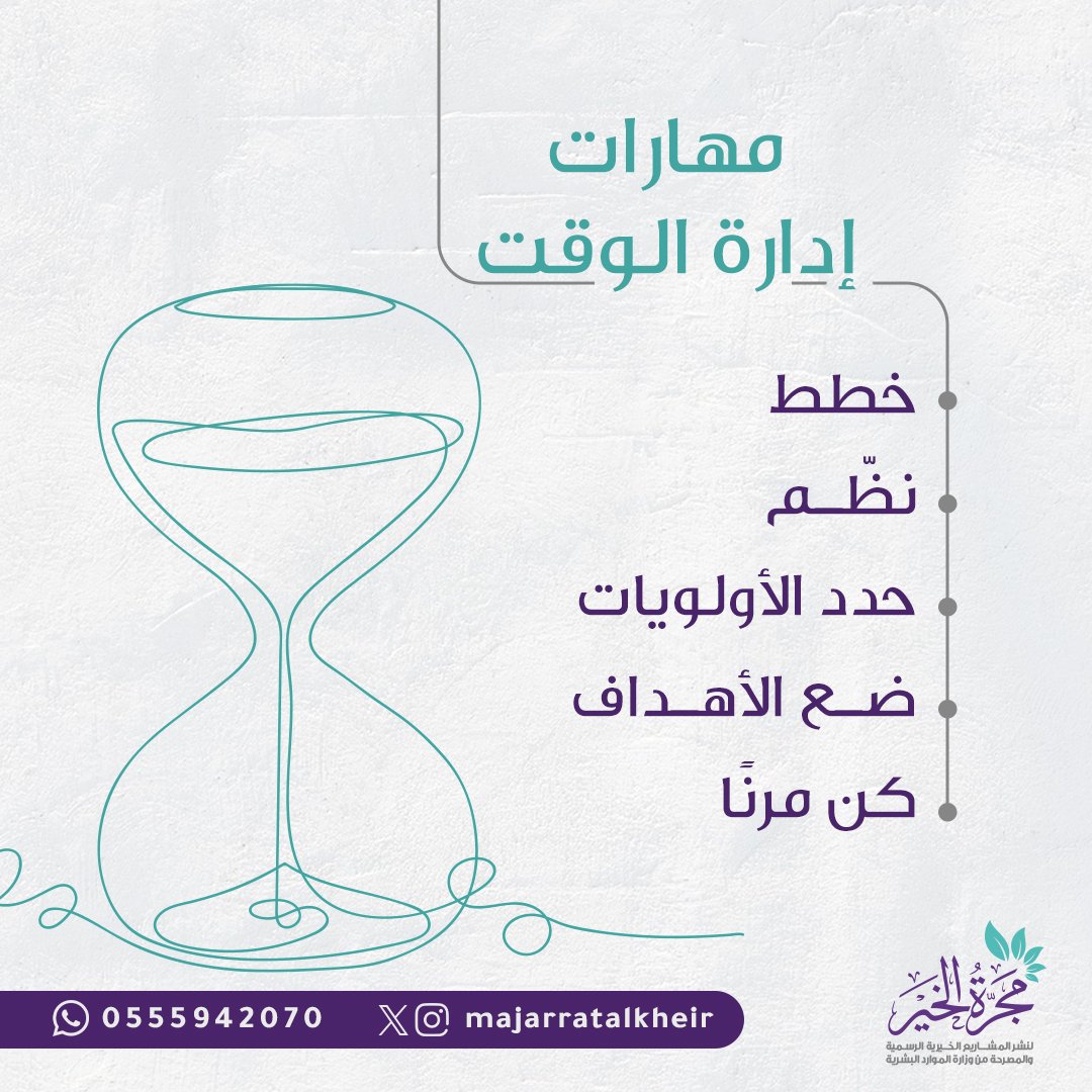 مهارات إدارة الوقت أحد أهم الأمور التي تساعدك على تحسين جودة حياتك على كافة الأصعدة؛ شخصيًا واجتماعيًا ومهنيًا🕐

#مجرة_الخير
#إدارة_الوقت