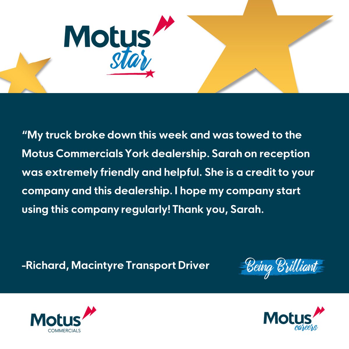 Let's start the week with an amazing Motus achievement! ⭐

Sarah, from Motus Commercials York, has been nominated for a Motus Star award!

Read below to see why! ⬇️

Congratulations, Sarah, your hard work doesn't go unrecognised ⭐

#MondsyMotivation #MotusStar #MotusCommercials