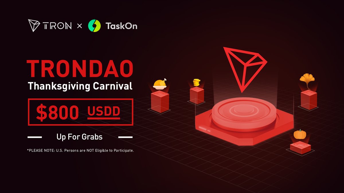 It's a season of thanks and giving on the #TRONNetwork! The #TRONThanksCarnival brings good vibes and great prizes your way. 🎉 🎁 Don't miss your chance to participate in #Taskgiving for a chance to win $800 USDD! Find all the details here 👇 taskon.xyz/campaign/detai… ⚠️ NOTE: