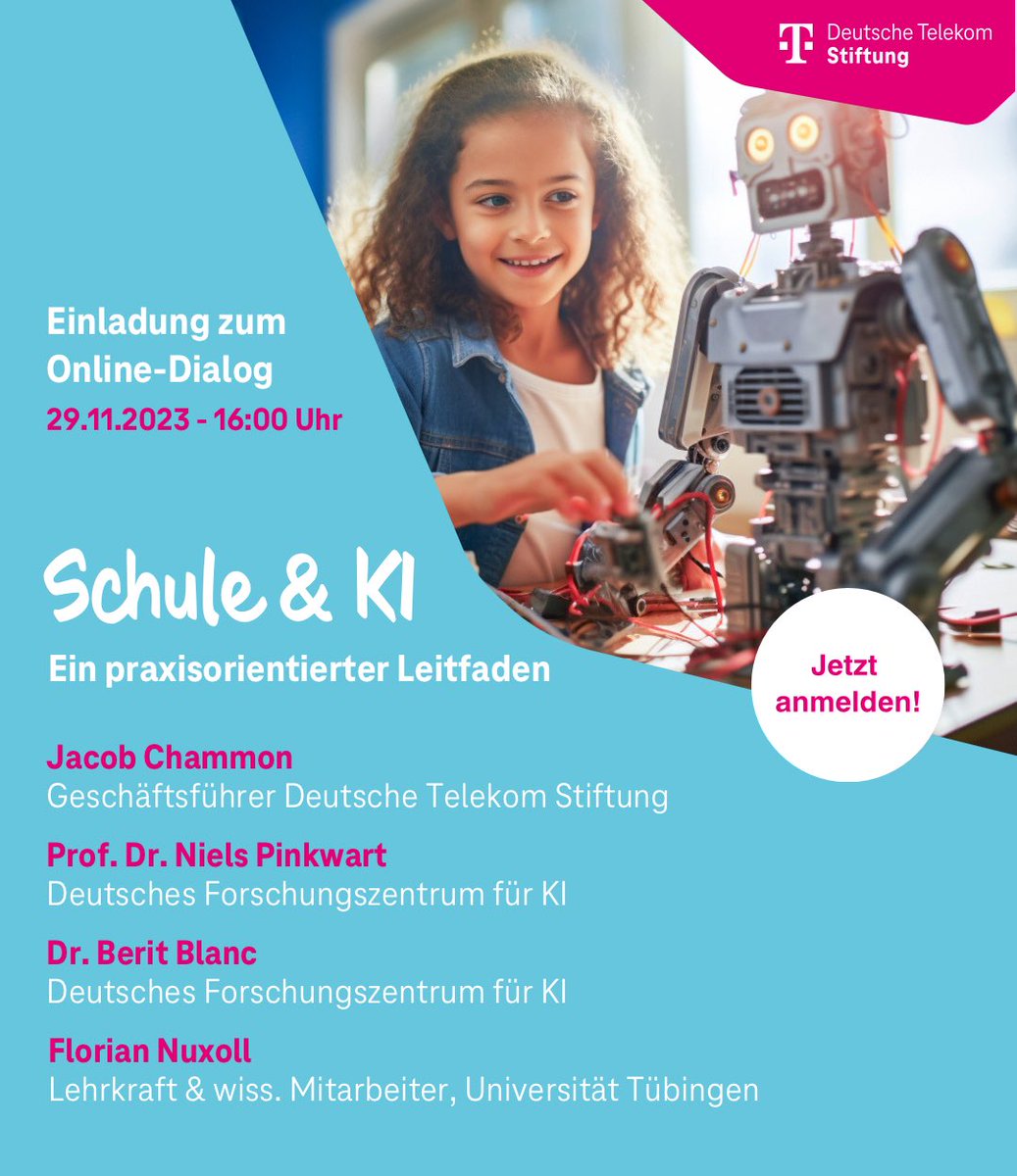 telekomstiftung (@telekomstiftung) on Twitter photo Was kann #KI in #Schule? Wir haben zu diesem Thema beim <a href="/mmb_institut/">mmb Institut</a> und <a href="/DFKI/">DFKI</a> einen Leitfaden in Auftrag gegeben.
Im Online-Dialog 'Schule und KI', am 29. November um 16:00 Uhr stellen wir ihn vor und diskutieren darüber.
Anmeldung bis 27.11.23: presse@telekom-stiftung.de Was kann #KI in #Schule? Wir haben zu diesem Thema beim <a href="/mmb_institut/">mmb Institut</a> und <a href="/DFKI/">DFKI</a> einen Leitfaden in Auftrag gegeben.
Im Online-Dialog 'Schule und KI', am 29. November um 16:00 Uhr stellen wir ihn vor und diskutieren darüber.
Anmeldung bis 27.11.23: presse@telekom-stiftung.de