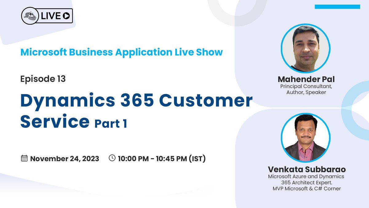 CSharpDotTV's tweet photo. Join @Himbapinfo & @Venkata48681009 for the next episode of Microsoft Business Application live show on November 24 at 10:00 PM (IST).
Live streaming at https://t.co/NX65QdgjEj
#Microsoft #MicrosoftBusinessApplication #Dynamics365 #PowerPlatform #PowerApps https://t.co/xAXK9vjdG8