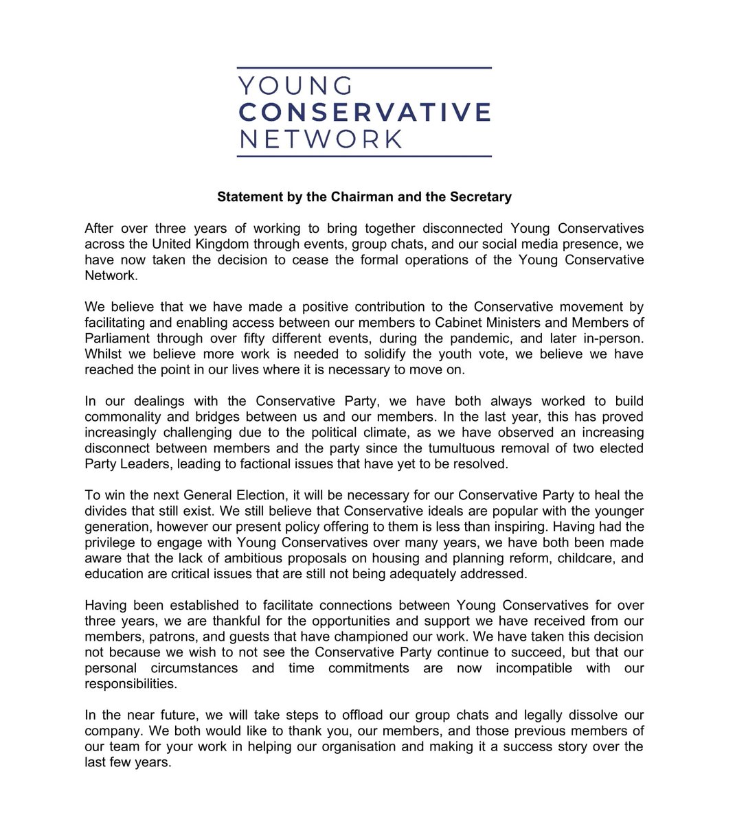 YoungConNetwork's tweet image. Please find below a statement on the future of the Young Conservative Network.