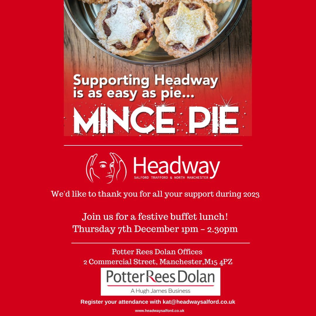 🎄Festive lunch &amp; fundraiser to support local people with brain injuries in and around Salford, Trafford &amp; North Manchester. 
PLACES LIMITED BOOK YOUR PLACE NOW! buff.ly/46mUJI1 
Thanks to <a href="/PotterReesDolan/">Potter Rees Dolan</a> for hosting &amp; sponsoring 💙
#braininjury #support
