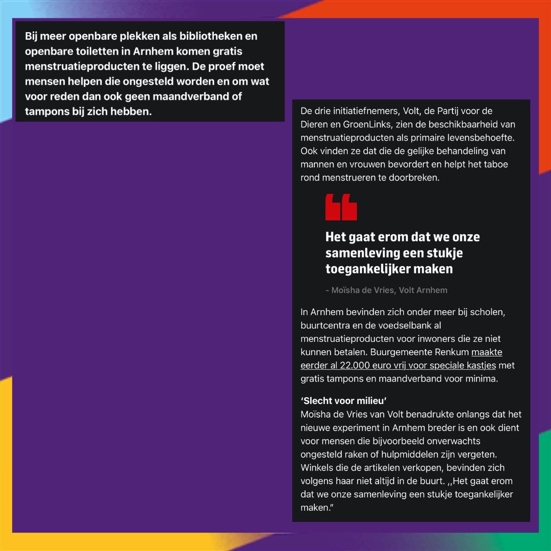 💪🏽 Ja! Het is echt waar! 

Ons voorstel voor gratis menstruatieproducten in Arnhem is met een forse meerderheid aangenomen. 

Het komende jaar gaan we aan de slag met een proef waar er gratis maandverband beschikbaar wordt gesteld in de toiletten van openbare gebouwen.