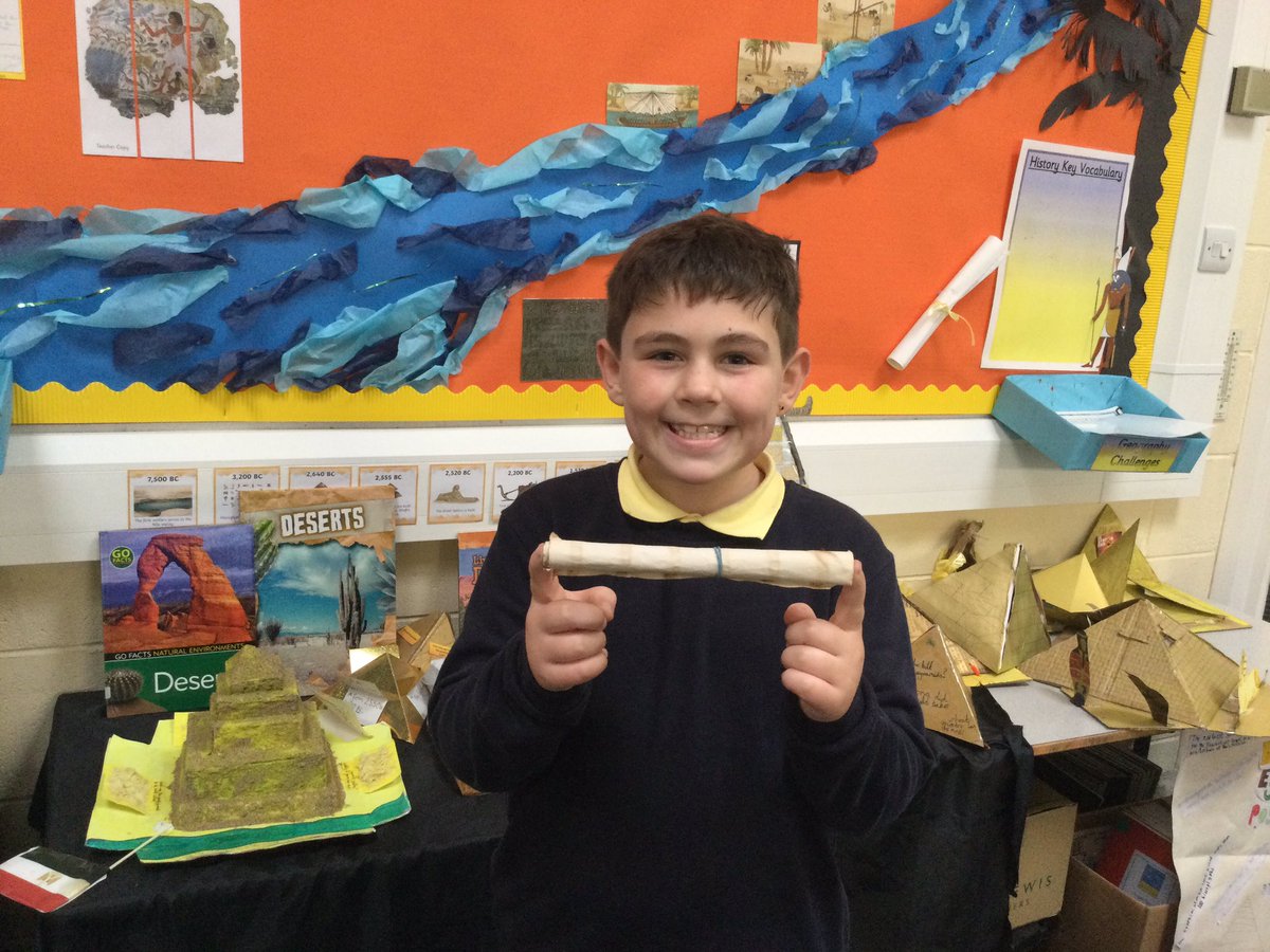 Edward and Michael have been working hard at home creating some ancient Egyptian artifacts. Edward has produced a super pyramid, complete with mummy! And Micheal designed his own ancient scroll. Thank you. #TeamBay #Y4