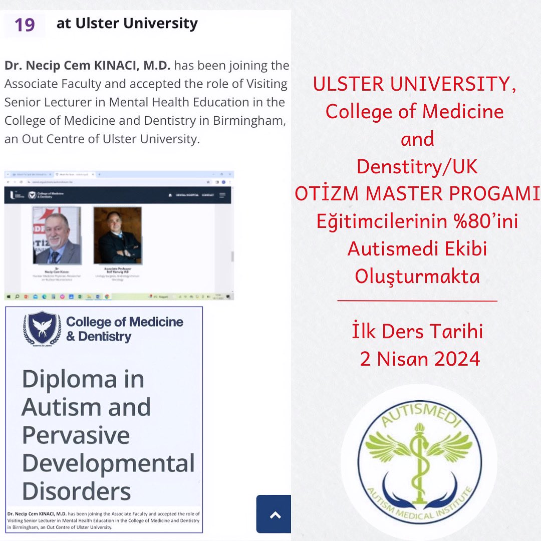 ULSTER UNIVERSITY, 
College of Medicine 
and
Denstitry/UK
 OTİZM MASTER PROGAMI 
Eğitimcilerinin %80’ini
Autismedi Ekibi
Oluşturmakta

İlk Ders Tarihi
 2 Nisan 2024 #otizm #autismedi #autism #autismMScProgram #ulsteruniversity 

comd.org.uk/team/necip-cem…