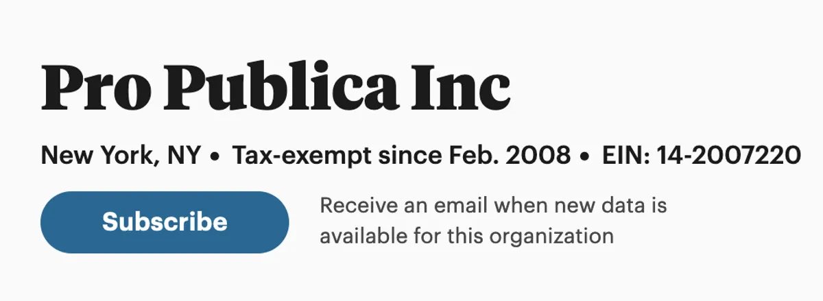 You may have noticed we @propublica have been on a Nonprofit Explorer upgrading spree. Our latest: 🚨Email alerts! Just smash the subscribe button on any nonprofit you’re interested in, and we’ll email you when we get new 990s or audits: propublica.org/article/nonpro…