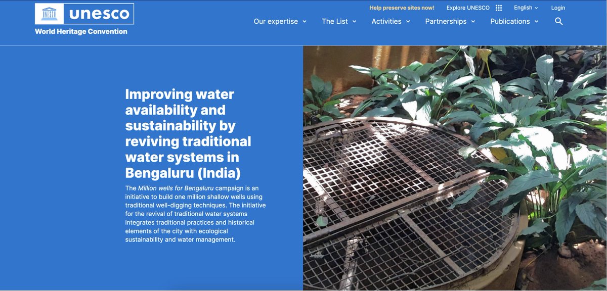 The Million wells for Bengaluru campaign gets featured in <a href="/UNESCO/">UNESCO 🏛️ #Education #Sciences #Culture 🇺🇳</a> 's World Heritage Convention  Read the full feature 👇

whc.unesco.org/en/canopy/beng…
