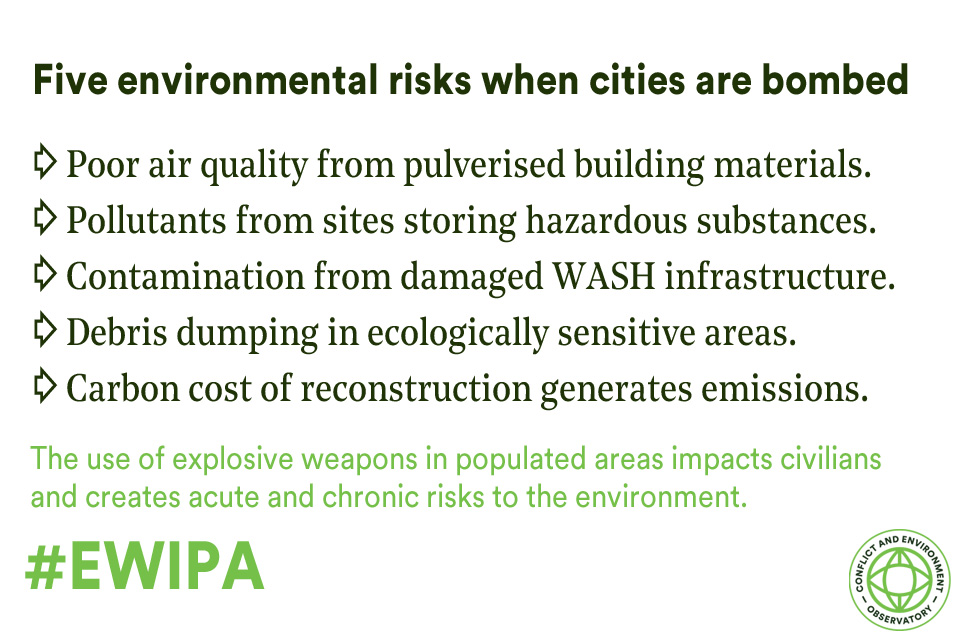 When cities are bombed, damage and disruption to buildings and environmentally sensitive infrastructure creates acute and chronic risks to civilians and to the environment. Here are just five of them. #EWIPA #Gaza