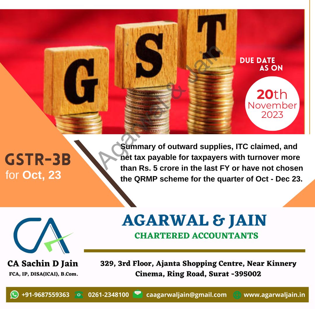 sachindjain's tweet image. Don&apos;t forget! The due date for filing GSTR-3B for October 2023, which includes a summary of your GST liability on outward supply and ITC on inward supply, is November 20th, 2023. Ensure compliance with GST regulations by submitting GSTR-3B. #GSTReminder #FilingDeadline