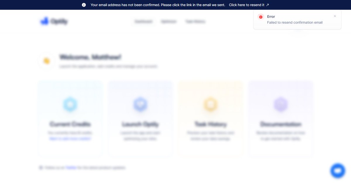 MatthewPenkala's tweet photo. @Optily_ Is there any particular reason that I cannot validate my email address? A confirmation email was never sent initially, and trying to resend the email encounters an error (see attached image). https://t.co/1uGxWkshYf