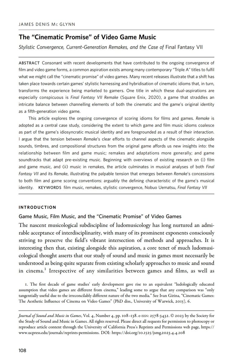 #JustPublished

While I’m thrilled to have been involved in putting together this whole issue, how wonderful to see my latest article “The Cinematic Promise of Video Game Music” out in the world too.

Sincere thanks to my peer reviewers, whose comments improved the piece greatly!