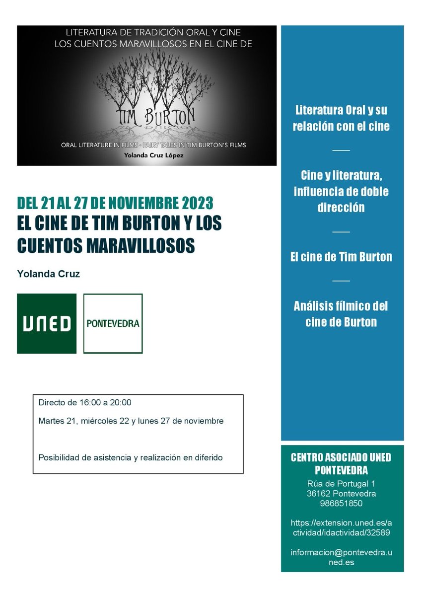 Esta semana empieza el curso sobre la relación entre los cuentos maravillosos y el cine de Tim Burton que imparto en <a href="/unedpontevedra/">UNED Pontevedra</a>. (12h, 0'5 ECTS) Os dejo el enlace porque todavía podéis inscribiros extensión.uned.es/actividad/32575