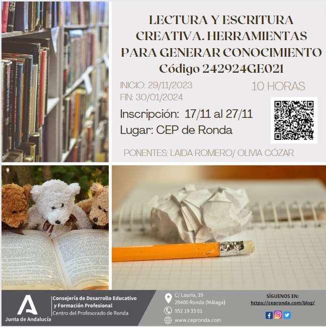 RedBECREA's tweet photo. FORMACIÓN: 
LECTURA Y ESCRITURA CREATIVA. HERRAMIENTAS PARA GENERAR CONOCIMIENTO https://t.co/cTSAGaHpLf https://t.co/3BstmHzbbQ