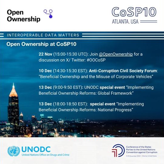 Less than a month left until #CoSP10: here's a reminder of #BeneficialOwnership #transparency (BOT) related events. Up first: join us on Wed (1500-1530 UTC) to discuss why interoperable data is so important for improving BOT (#OOCoSP). #UnitedAgainstCorruption #UNCAC20