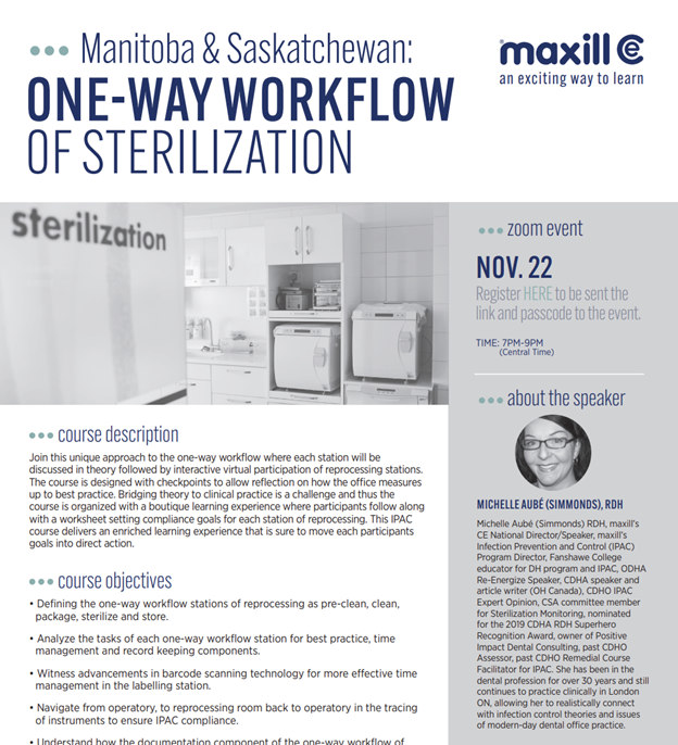 HEY MANITOBA AND SASKATCHEWAN  Don't forget to sign your team up for our awesome Continuing Education Course: ONE-WAY WORKFLOW OF STERILIZATION happening on Nov 22 @ 7-9pm CST!   !