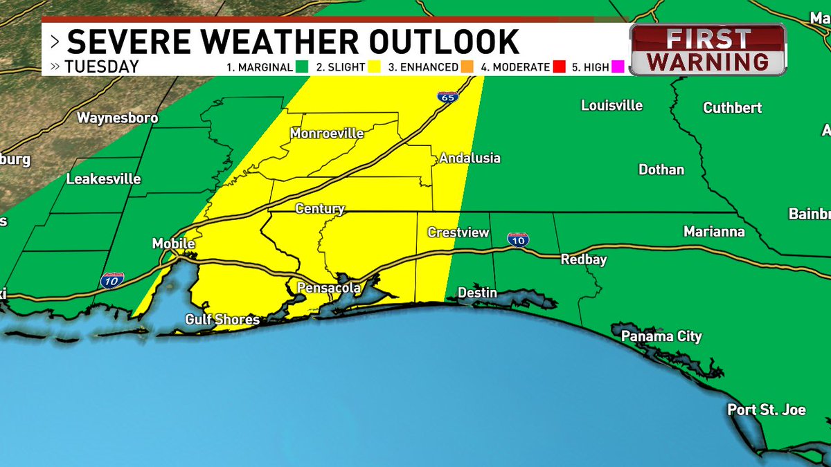 ⛈WEATHER ALERT⛈: Storms will move in tonight through tomorrow morning. We are under a level 2 out of 5 for severe weather. Main threat is damaging winds, but a tornado cannot be ruled out. Have a way to receive warnings that will wake you up. Storms possible from 11PM-Noon TUE.