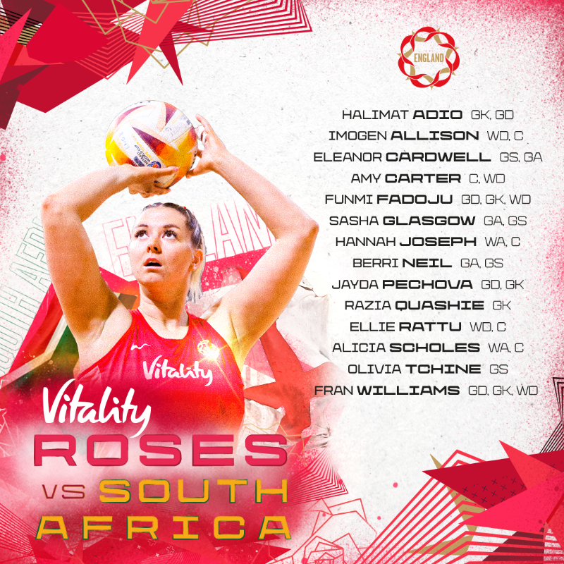 EnglandNetball's tweet photo. A 14-strong squad has been selected to represent the Vitality Roses in their first home international series since winning a historic @NetballWorldCup silver 🥈

🗓️ England will face @Netball_SA in Manchester and Nottingham on 5, 9 and 10 December.

Tap below to find out more ⬇️
