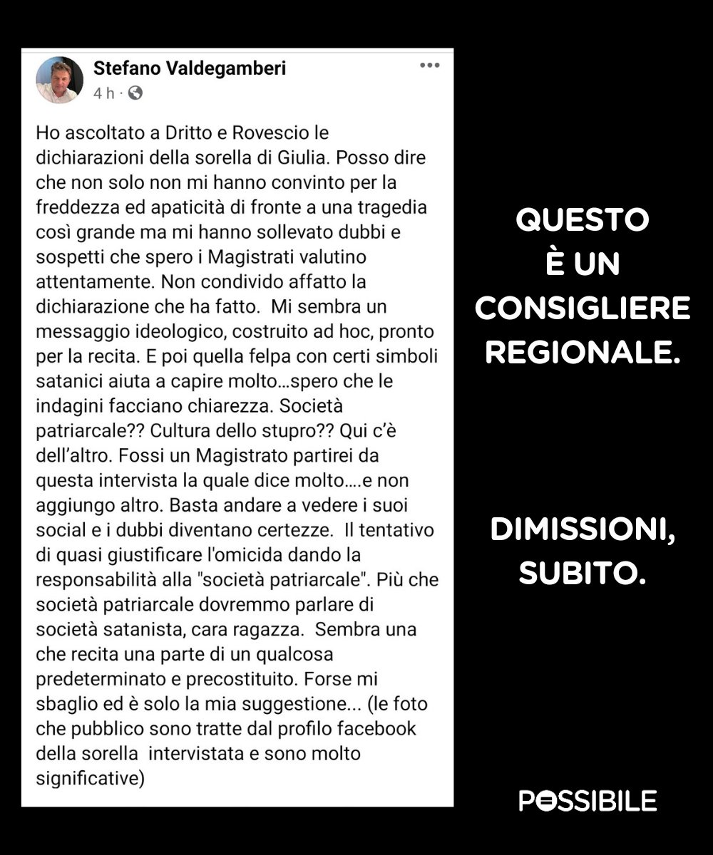 PossibileIt's tweet photo. Stefano Valdegamberi è consigliere regionale in Veneto. 

Stefano Valdegamberi deve dimettersi immediatamente e @zaiapresidente, nella cui lista civica è stato eletto, deve dissociarsi al più presto dal delirio di insinuazioni e offese rivolte a Elena Cecchettin. 

Che vergogna. https://t.co/yRTm0pQibu