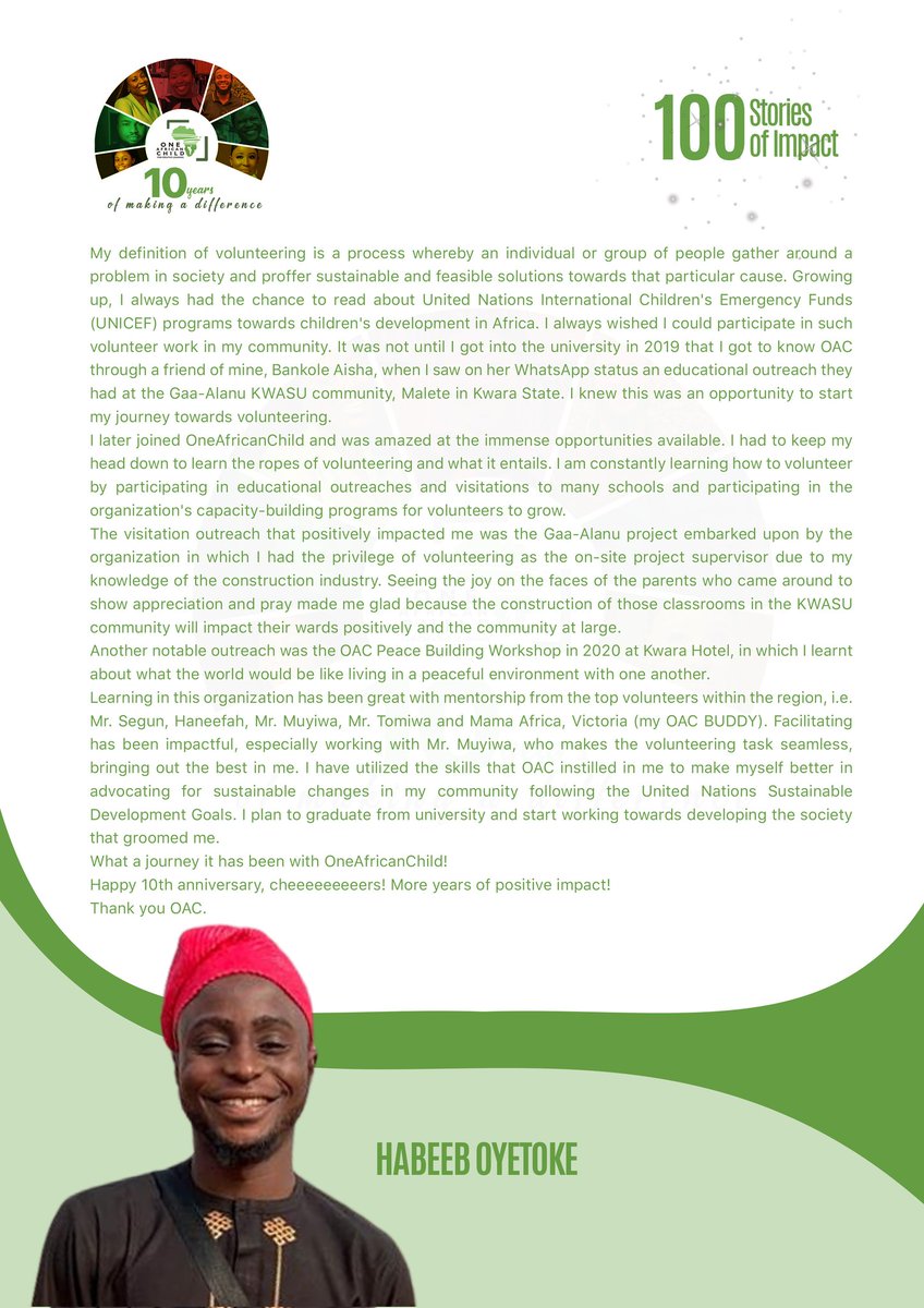 🎉 Celebrating #10YearsofImpact with <a href="/1African_Child/">OneAfricanChild</a>, where I've had the privilege of contributing to #TransformingEducation. Every moment as a volunteer has been a step towards positive change. Grateful for the journey. 💙🌍10YearsofImpact #OneAfricanChild 
#OACat10