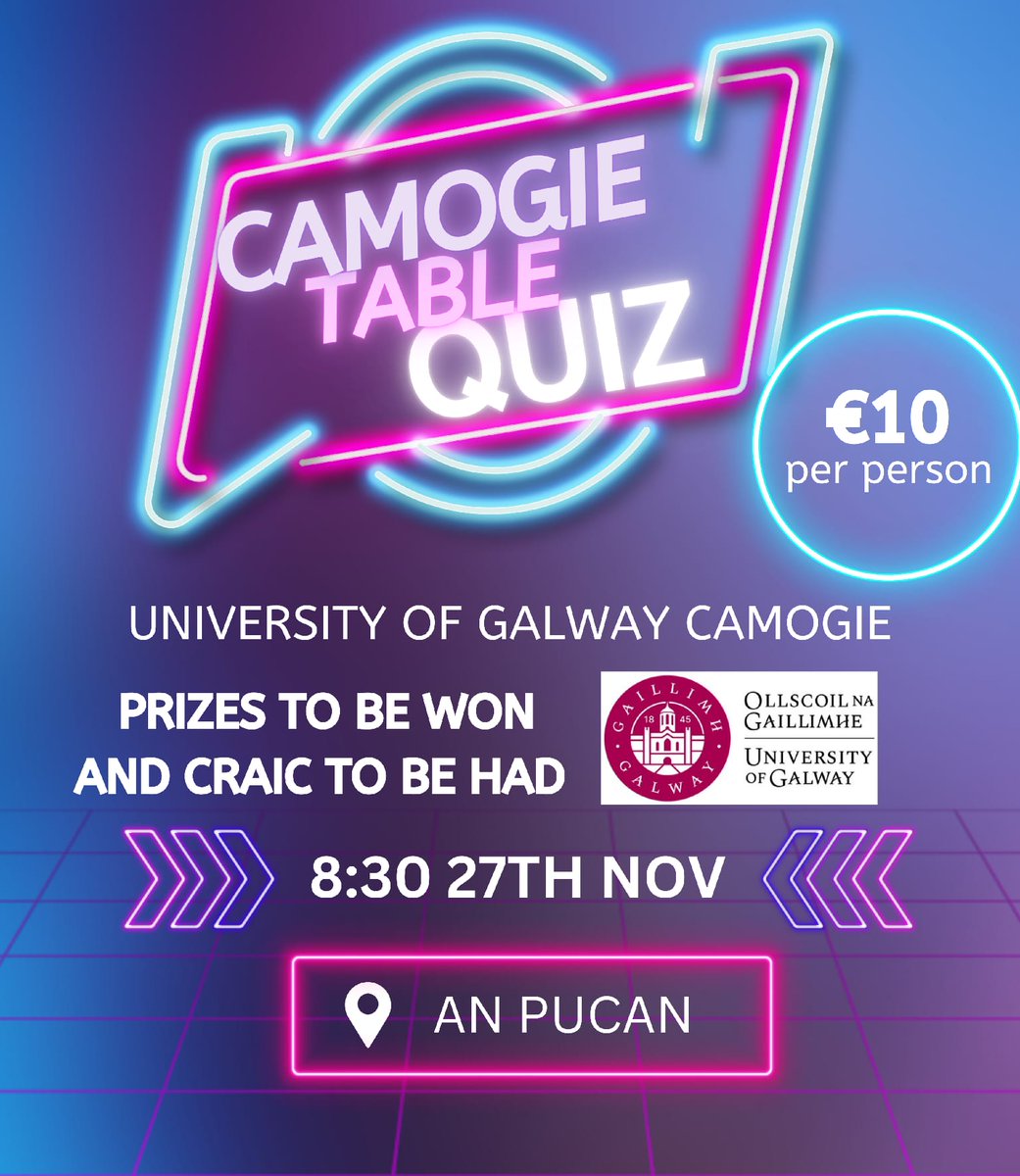Camogie_OG's tweet photo. Only a week to our table quiz - cash prizes and spot prizes on the night too! Everyone welcome @nuiggaa1 @unigalwaysport @FlirtFMSport @dconneely_16 @MuireannOReilly @Aerogen @sineaddb2013 https://t.co/G0Vr0rCTCv