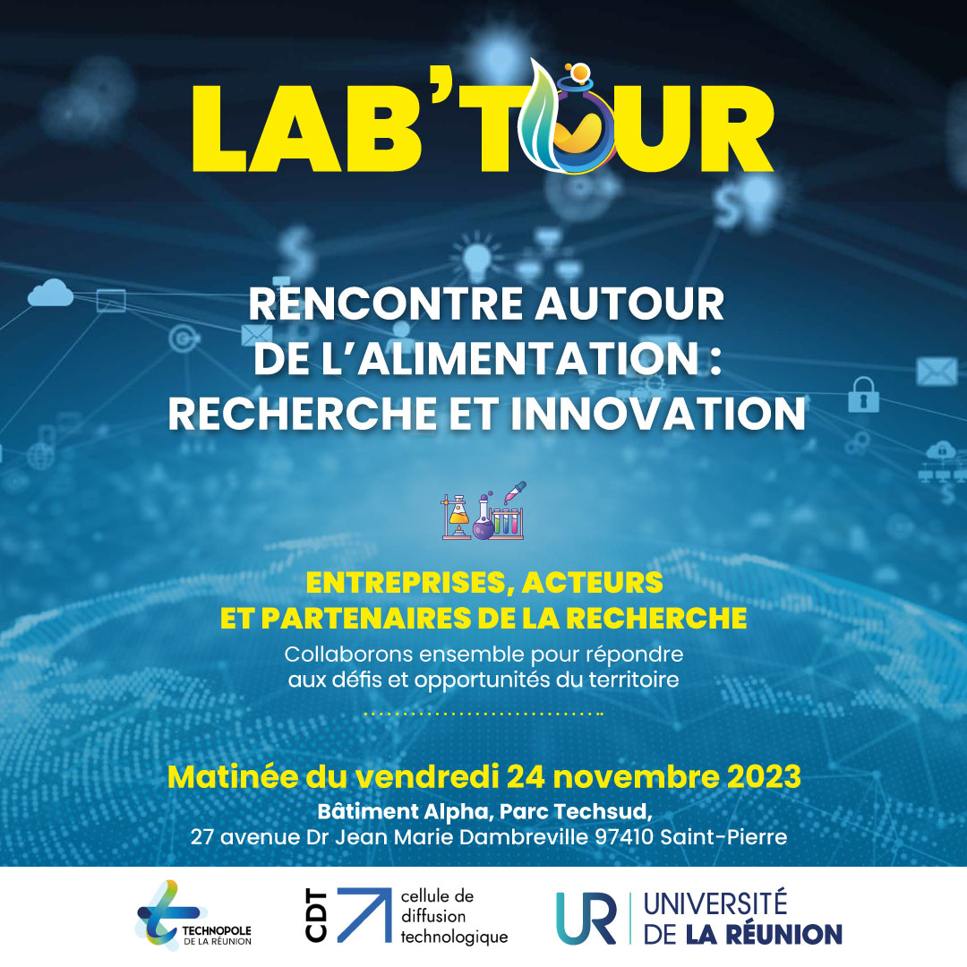 #Labtour Chercheurs et entrepreneurs vous font découvrir découvrir le monde passionnant de la recherche. Rendez-vous le vendredi 24 novembre au Bâtiment Alpha, Parc Techsud, Saint-Pierre. Infos et réservations sur t.univ-reunion.fr/3506 @Technopole_974