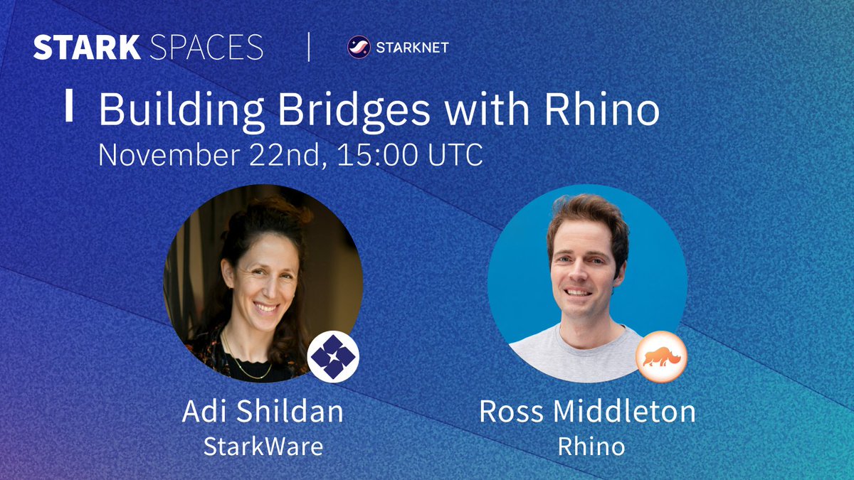 Join Ross Middleton from <a href="/rhinofi/">Rhino.fi</a>, the blazing fast bridge connecting 13 EVM rollups to Starknet, and Adi Shildan from <a href="/StarkWareLtd/">StarkWare (BTCFi arc)</a> to learn more about Rhino's seamless cross-chain transactions. 

When? November 22nd 15:00 UTC
Where? x.com/i/spaces/1OyJA…