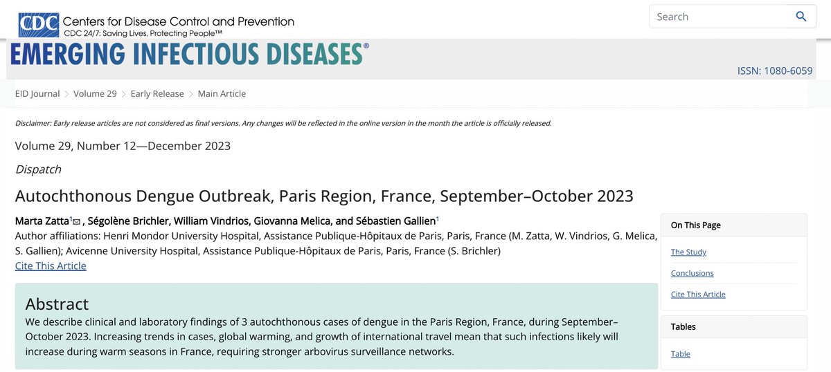 🦟 Something totally unpredicted ocurred this 2023 in terms of #dengue transmission in #Europe 👇🏻
🦠 First autochtonous outbreak in #Paris 🇫🇷 
👉🏻 wwwnc.cdc.gov/eid/article/29…
#VectorControl #Arboviruses #TigerMosquito