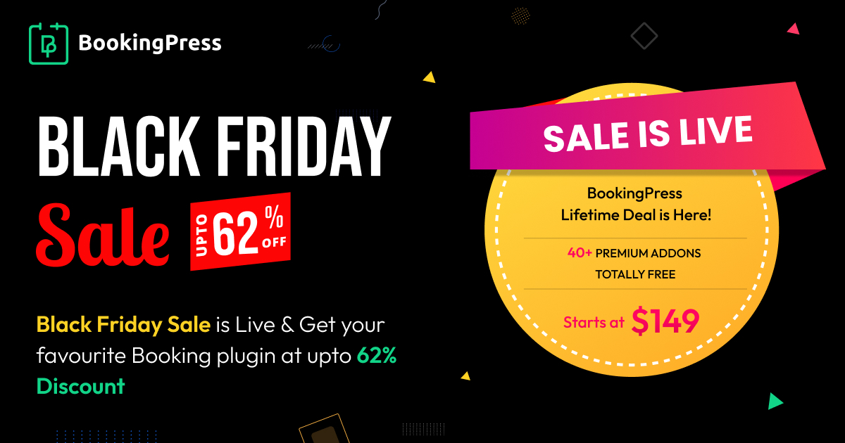 🚨 BookingPress #BlackFriday Mega Deal is Live!
Save up to 62%💥 &amp; streamline your bookings. Don't miss out on these super Black Friday deal!
Additionally, Limited Lifetime deals start at just $149. ⏳
👉Grab Now: rb.gy/lghmhp
#BlackFridayDeals #BlackFriday2023