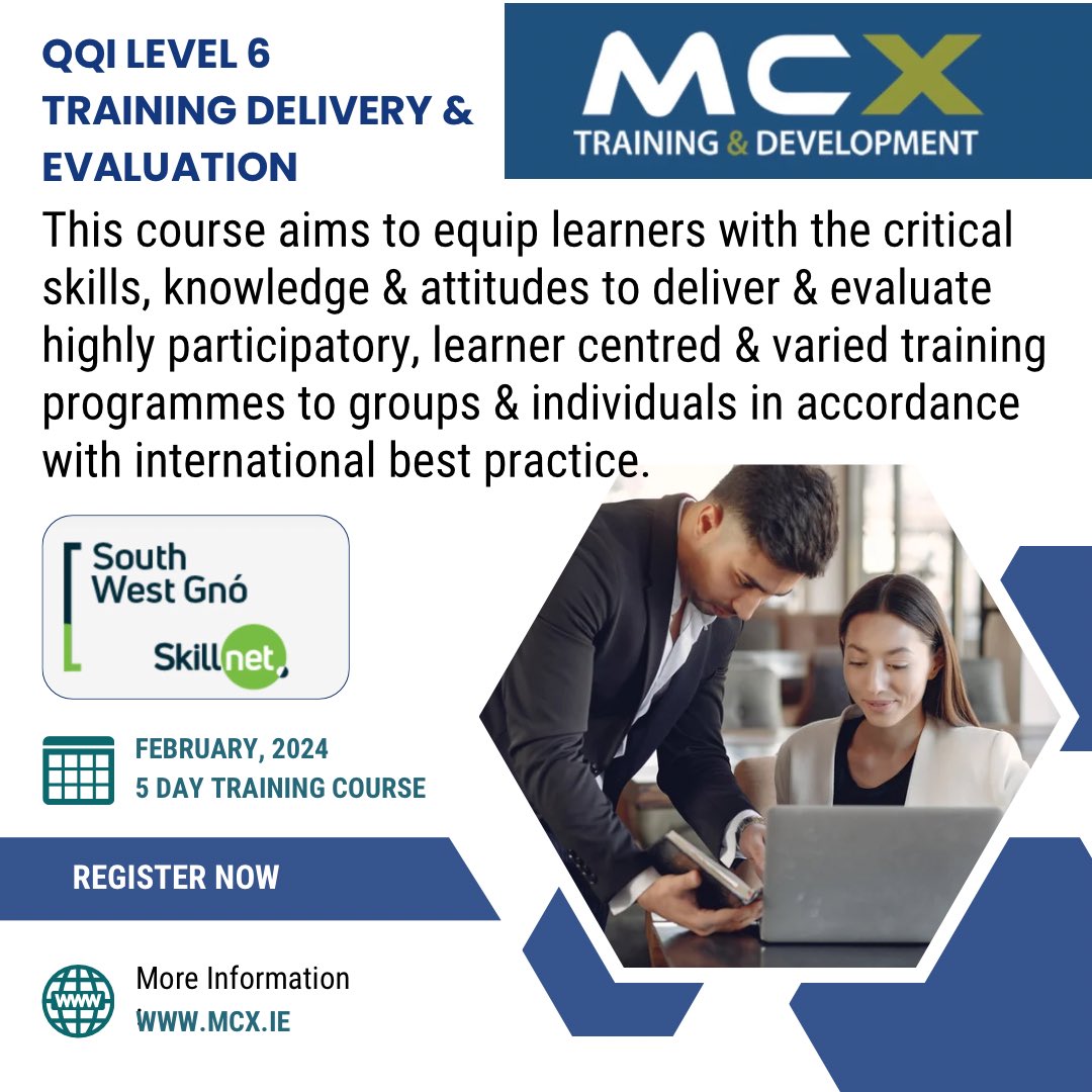 Do you wish to obtain the knowledge, competence &amp; skills necessary to deliver &amp; evaluate training programmes?
Funding support available from South West Gnó Skillnet subject to eligibility criteria.