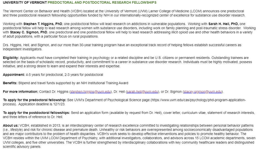 APADiv28's tweet photo. The @vtcenterbh located at the University of Vermont Larner College of Medicine announces 1 predoctoral &amp; 3 postdoctoral research fellowship opportunities funded by NIH in our internationally-recognized center of excellence for substance use disorder research. See more info⬇️ https://t.co/Gad4jn2X3M