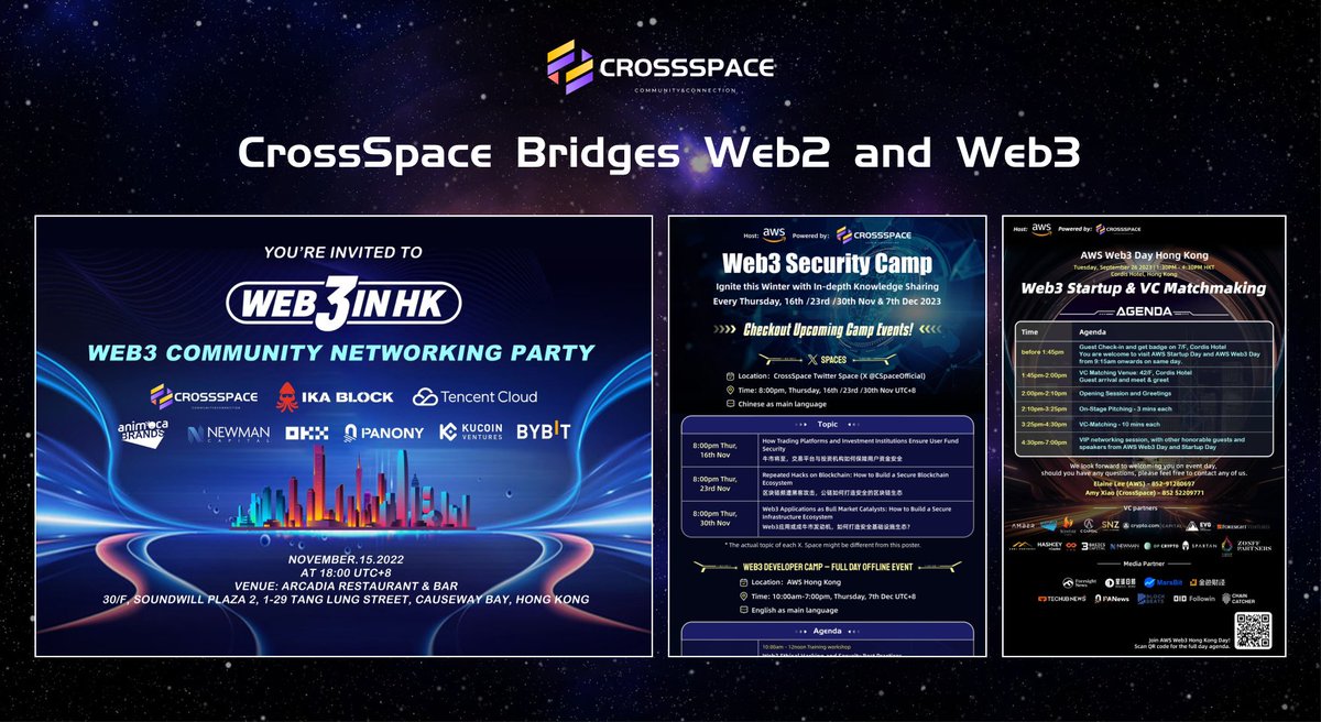 CrossSpace bridges Web2 and Web3 with prestigious partnerships and collaborations with giants like @AWS_HongKong and @tencentcloud🌉 🔥Highlights include our #Web3inHK event with Tencent Cloud joining as a sponsor and an AWS-hosted Web3 VC Matching Day powered by CrossSpace,…