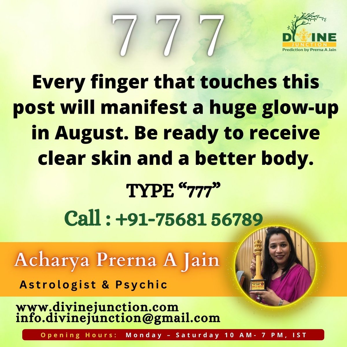 DivineJunction's tweet image. 777

TYPE 777
 
Money
Career
Health
Family
Relationship
Business
Book Your Session Today
Prerna A Jain
Call : +91 7568156789
web : divinejunction.com

#divinejunction #tarotreading #moneyproblem #healthproblem #777