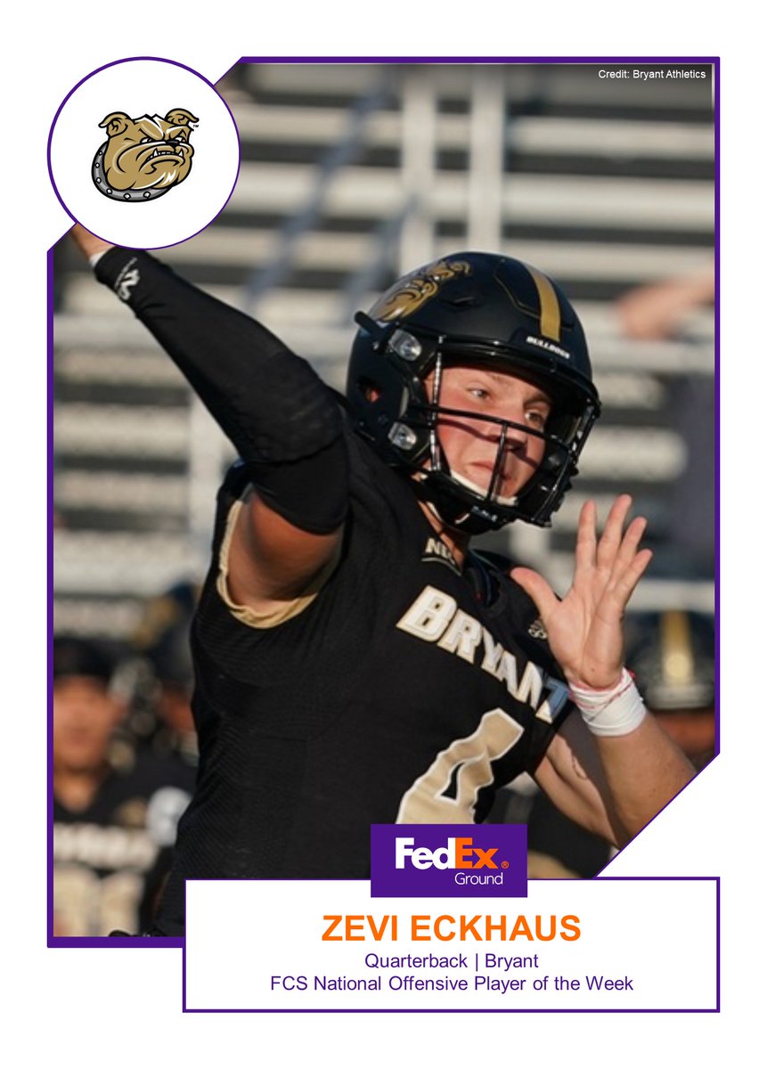FedEx Ground FCS National Offensive Player of the Week                   

Congratulations to Bryant QB Zevi Eckhaus.  

Story:  tinyurl.com/bdzjn2hp

#TeamFedEx #FedEx