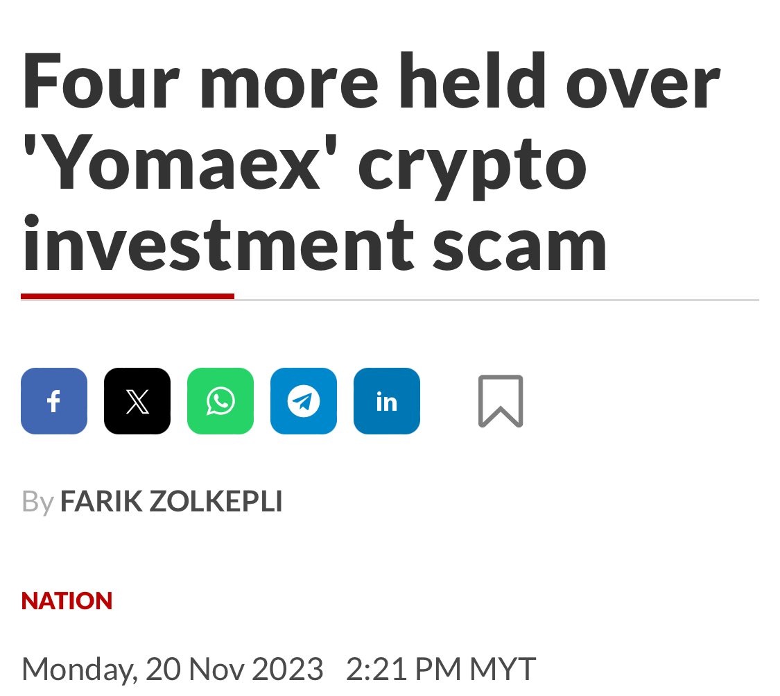 bitcoinmalaya's tweet photo. Are Malaysians easy targets for cryptocurrency scam?

- 45 arrested over the “Yomaex” crypto investment scam.

- RM55.79mil in losses involved

- 63 bank accounts detected for the syndicate operation

Educate ourselves before you even consider the idea of touching cryptocurrency.

There is no free lunch in the world.

If you don’t know where is the yield from, you are the yield.