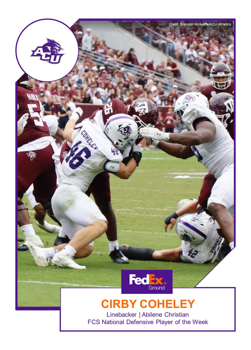 FedEx Ground FCS National Defensive Player of the Week

Congratulations to Abilene Christian LB Cirby Coheley.

Story:  tinyurl.com/bdzjn2hp

#TeamFedEx #FedEx