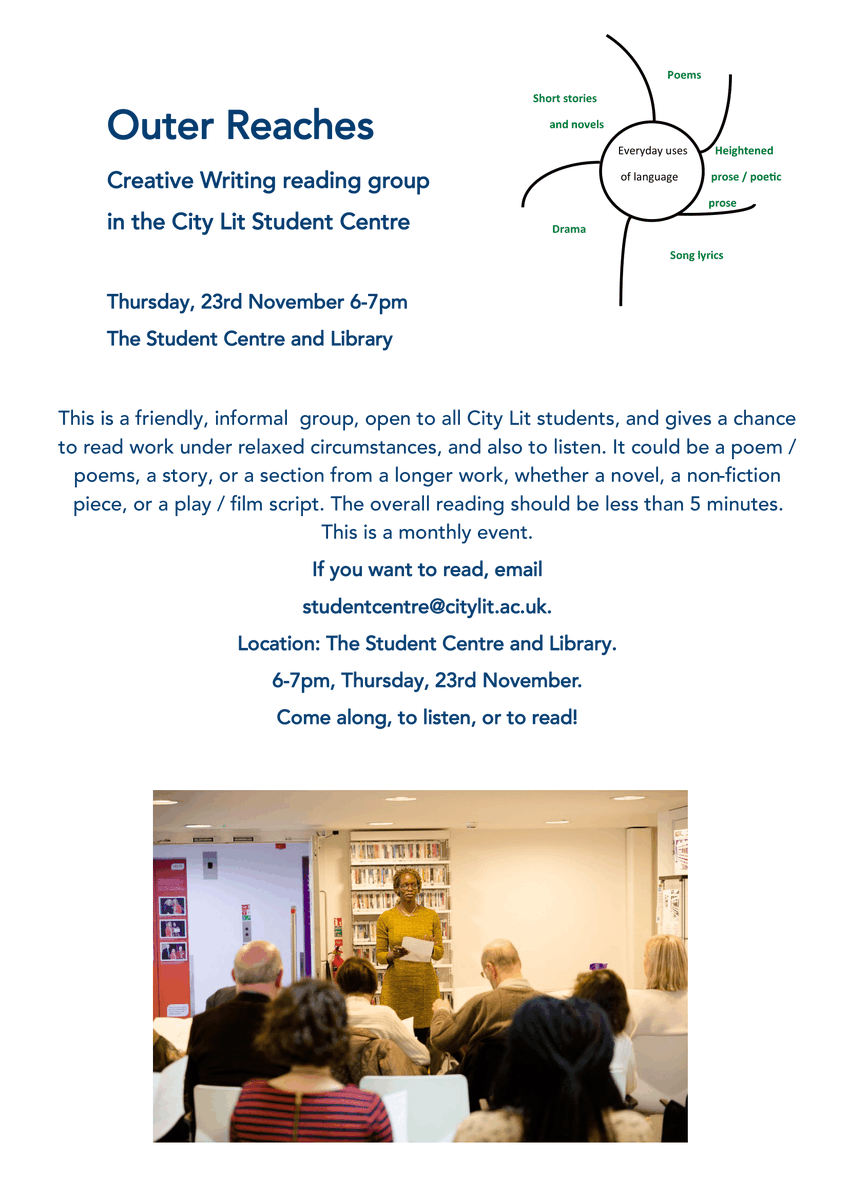 Join us in the Student Centre this week for Outer Reaches - a friendly, informal chance for @citylit writers to read your work or listen to others. 📅 Thu 23 Nov 🕒 6-7pm Want to read or learn more? Contact studentcentre@citylit.ac.uk.