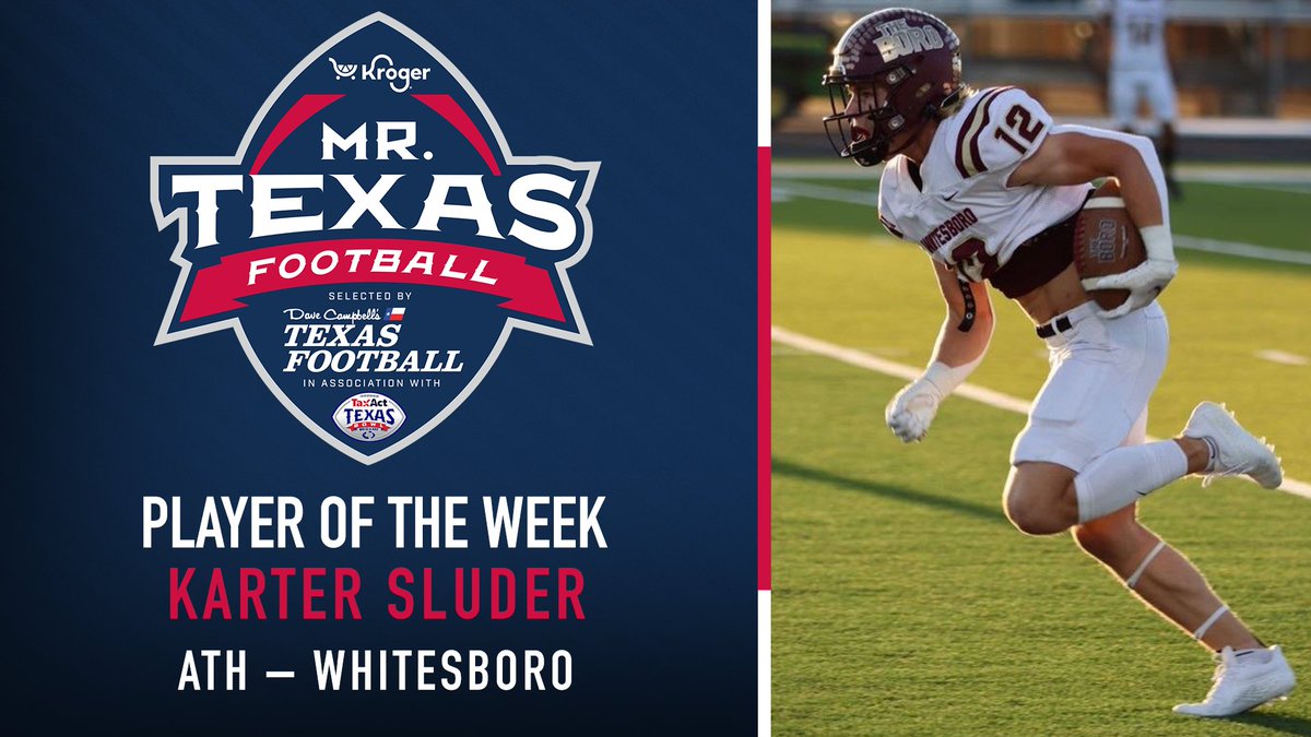 Congrats to Whitesboro ATH Karter Sluder for being named the @TexasBowl Mr. Texas Football Player of the Week presented by @kroger for Week Twelve! 19 tackles, INT; 4 catches, 108 yards; 52 yards, 2 TDs rushing texasfootball.com/mr-texas-footb… @dctf l #txhsfb