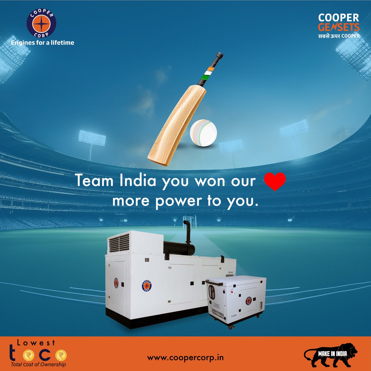 CooperCorpIndia's tweet photo. There is more to victory than runs and wickets. As a result of passion, resilience, and unwavering spirit, the Indian team won despite losing the match. We are awed by a team that won more than just a game.

#SabseOoperCooper
#WorldCup
#TeamIndia 
#CooperGenset 
#ReliableCooper https://t.co/faz1AY6B51
