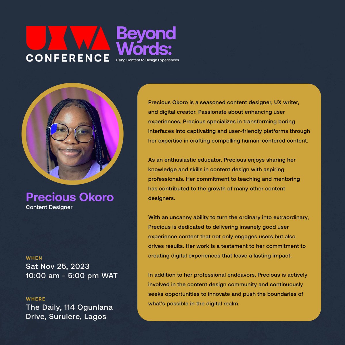 UXWritersAfrica's tweet photo. @SokariboSenibo The Agba Of Content Design @ChokolateGravy, having collaborated with different designers and developers to create thriving products will be there to share her story. https://t.co/RPg38ZBHMS