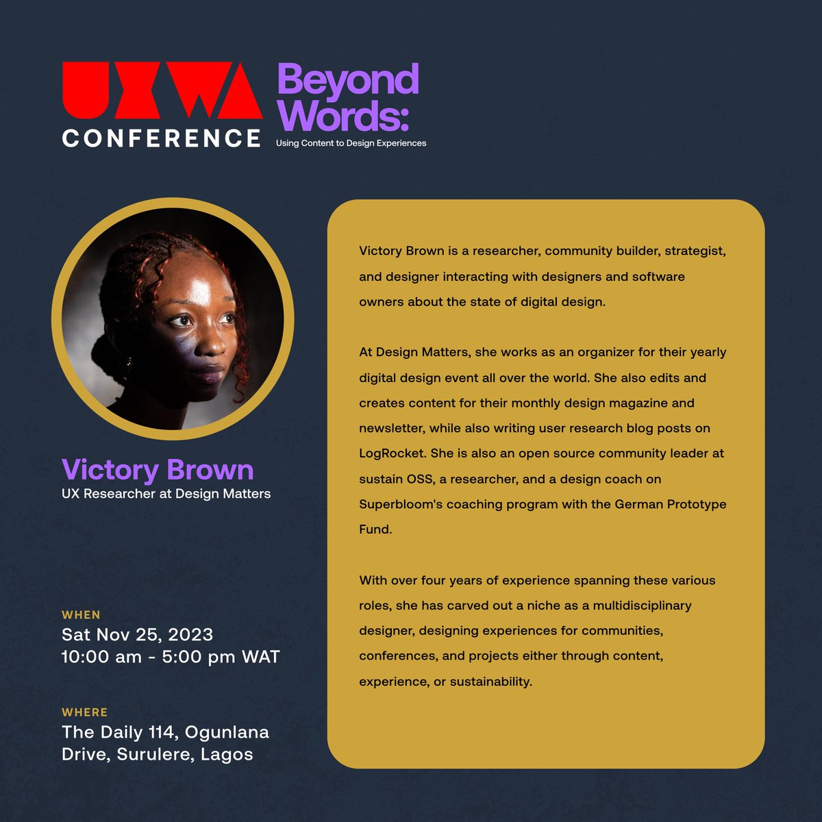 UXWritersAfrica's tweet photo. @SokariboSenibo @ChokolateGravy We have Brownieeee @VictoryBrown_, who won't just be speaking, but will double as a Panelist as she shares her story as a Researcher and Designer🔥❤️. https://t.co/RPlzMCNTOv